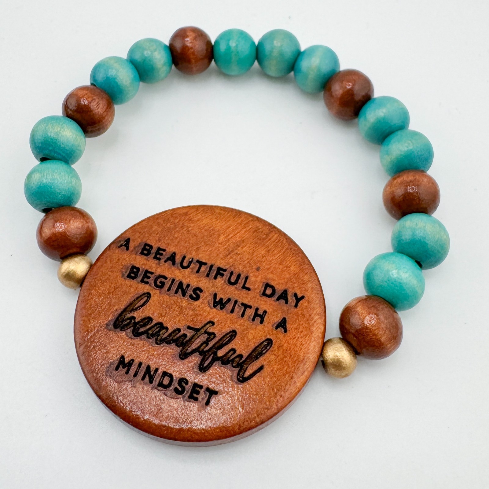 Wood Bead Bracelet 2 Set Stretch Stack Boho Quote “Beautiful Mindset” Earthy