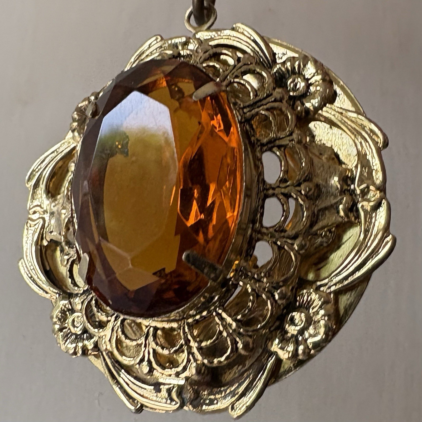 Vintage Victorian Revival Filigree Pendant Honey Amber Glass Gold Tone Ornate