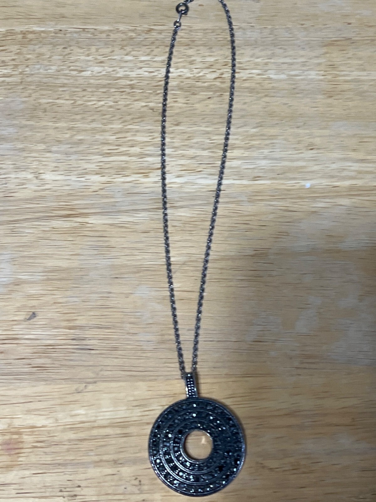 Vintage Black Circle Pendant Necklace With Rhinestones Silver-Tone Chain Gift