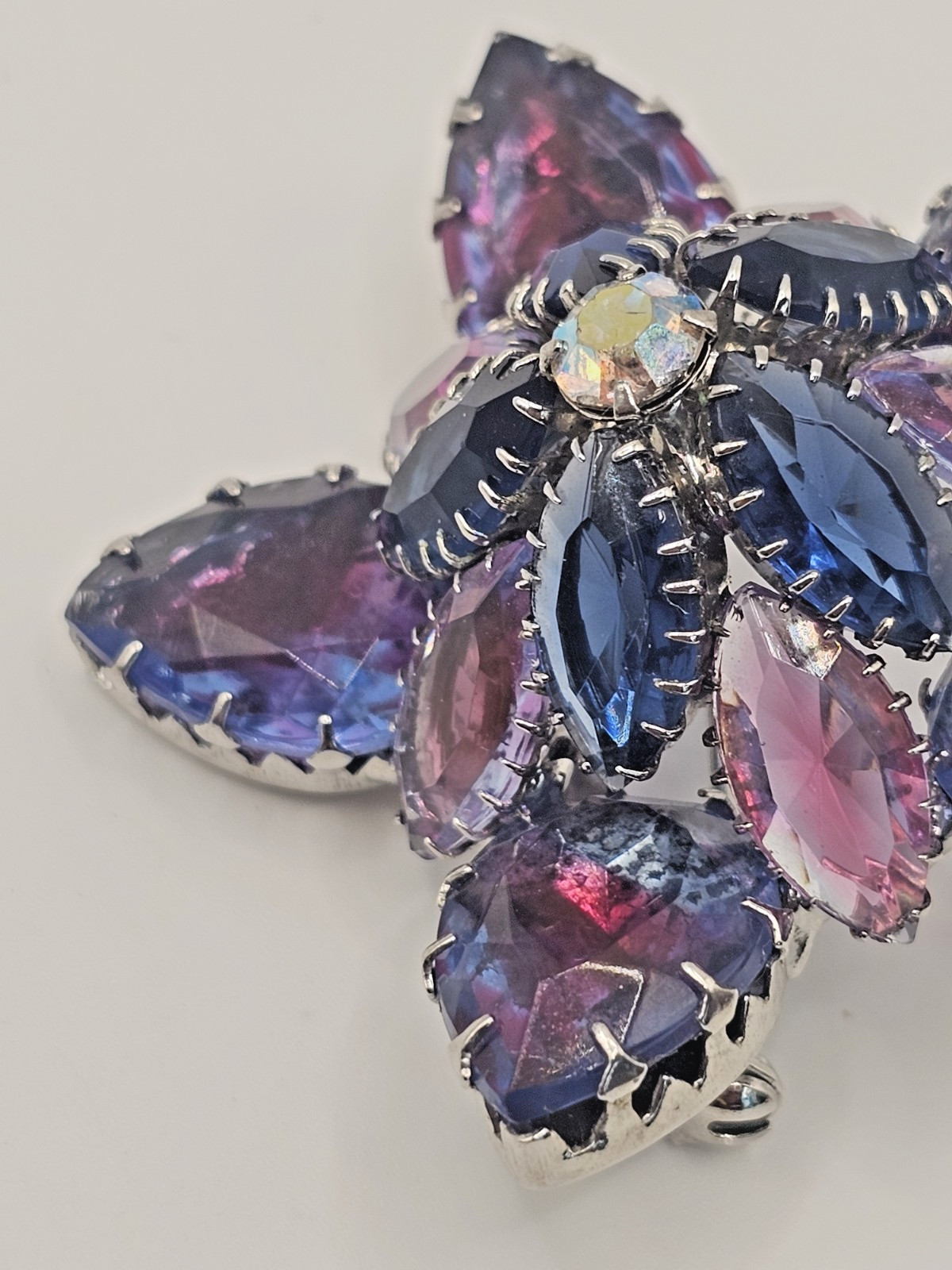 VTG Starburst Domed Purple Blue Pink Vitrail Glass Rhinestone Brooch Silver Tone