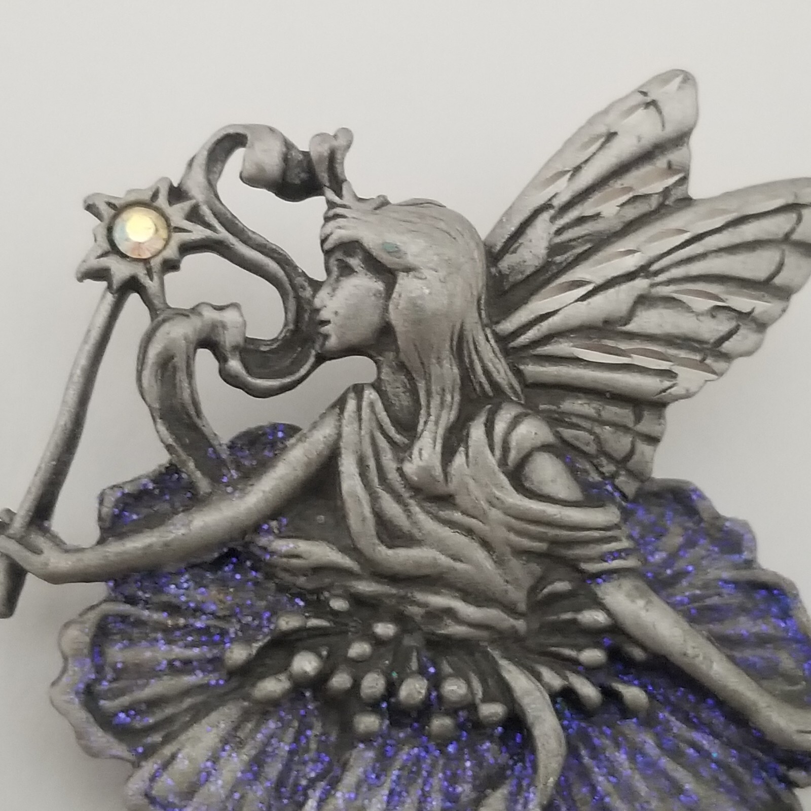 JJ Jonette Jewelry Pewter Fairy Purple Glitter Brooch Pin Fairytale Fantasy