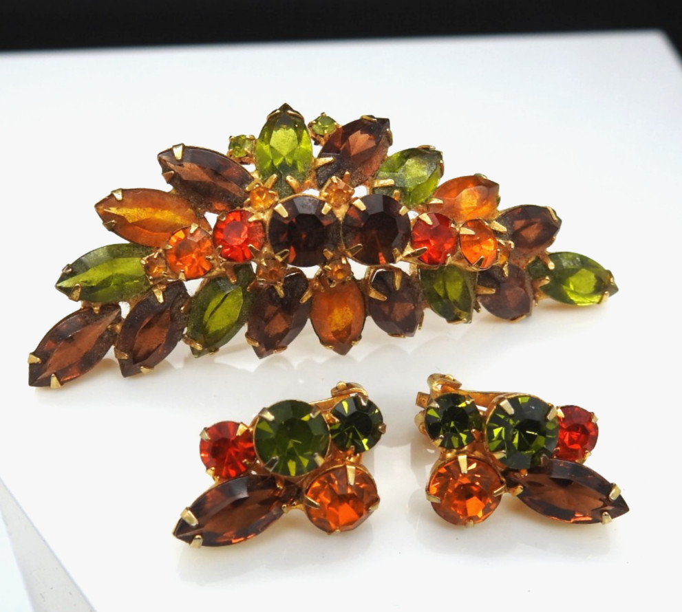 Juliana Rhinestone Brooch Clip Earrings Set Fall Colors Demi Parure Vintage