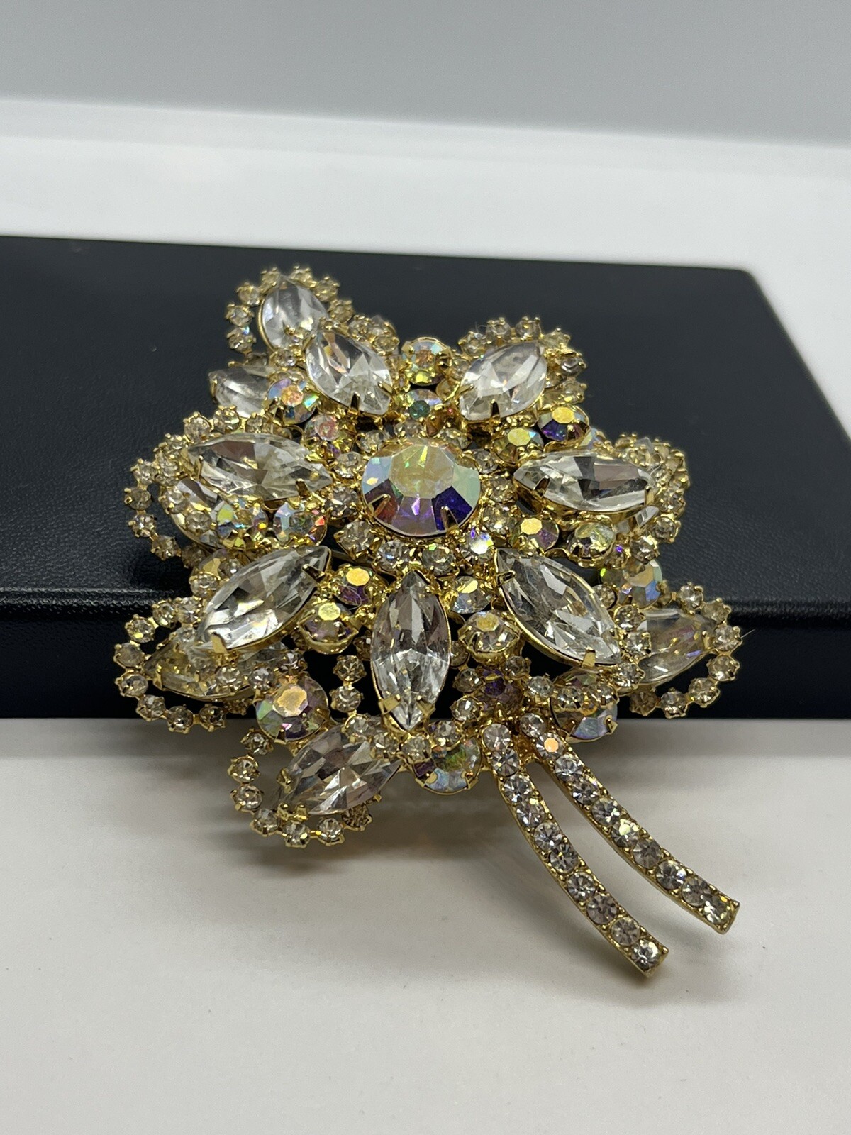 DeLizza and Elster Juliana clear & aurora borealis AB rhinestone leaf brooch pin
