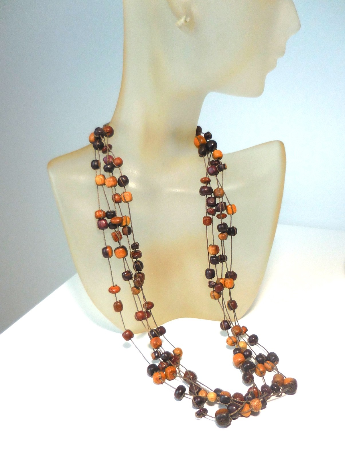 2 Necklaces BOHO style Birch Wood Beads Multi Strand Vintage Wooden Jewelry