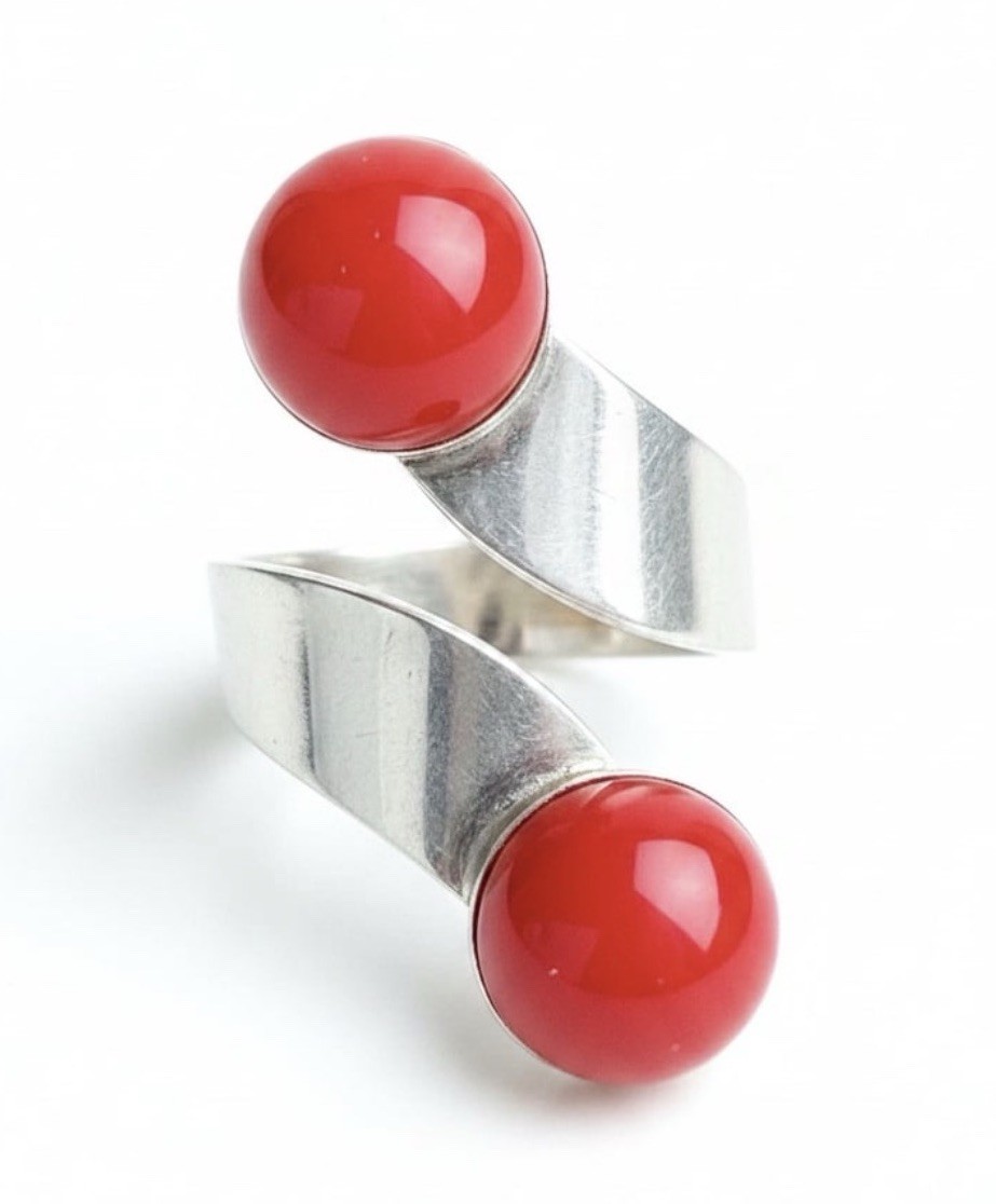 Vintage Modernist Bypass Red Cabochon Ring Estate Jewelry