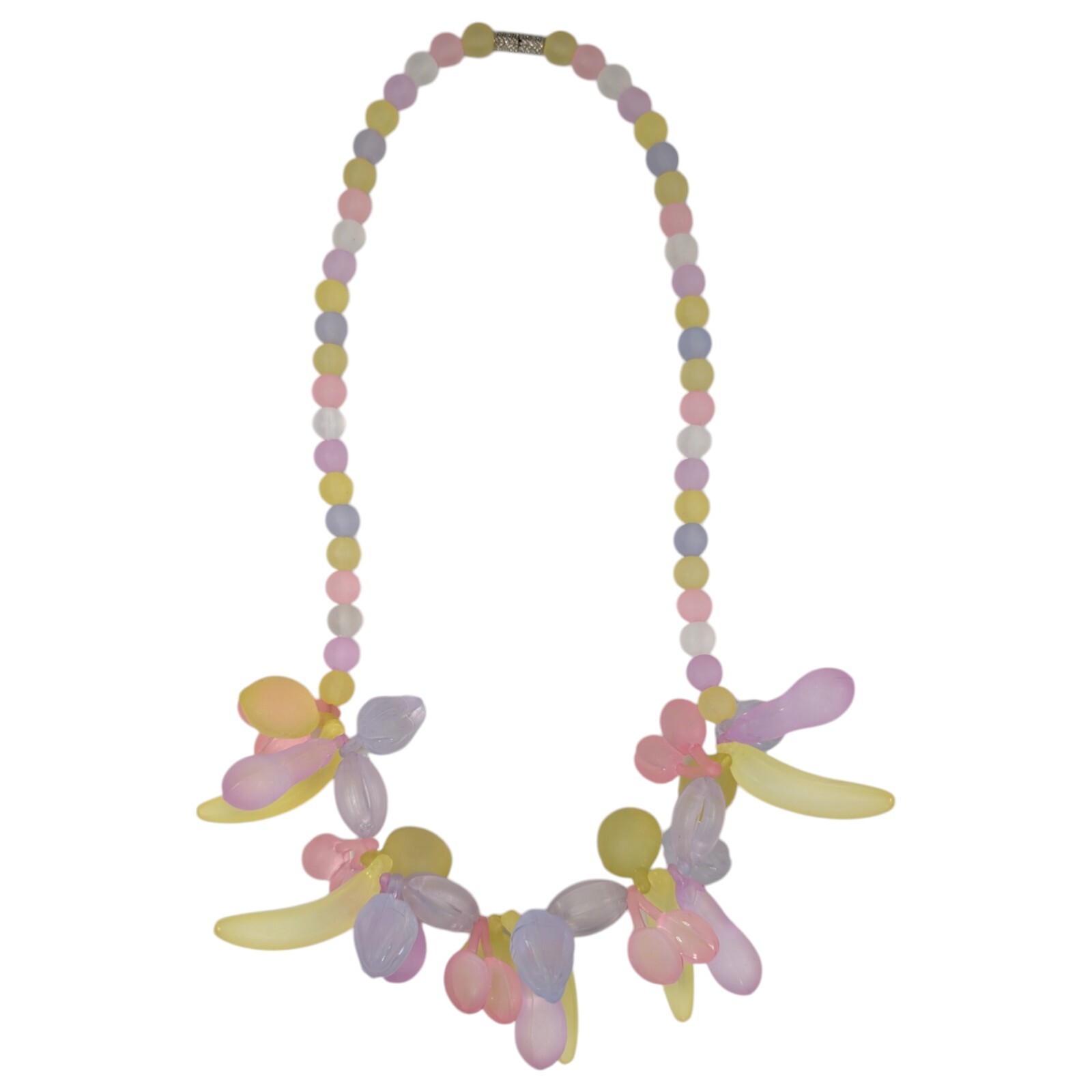 Cute Frosty Beaded Fruit Salad Necklace Pastel Pink Yellow Purple 20″ Vintage