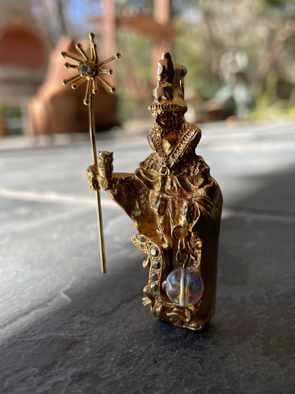 KIRKS FOLLY Vintage Whimsical Wizard Brooch With Dangling Glass SIGNED Vtg