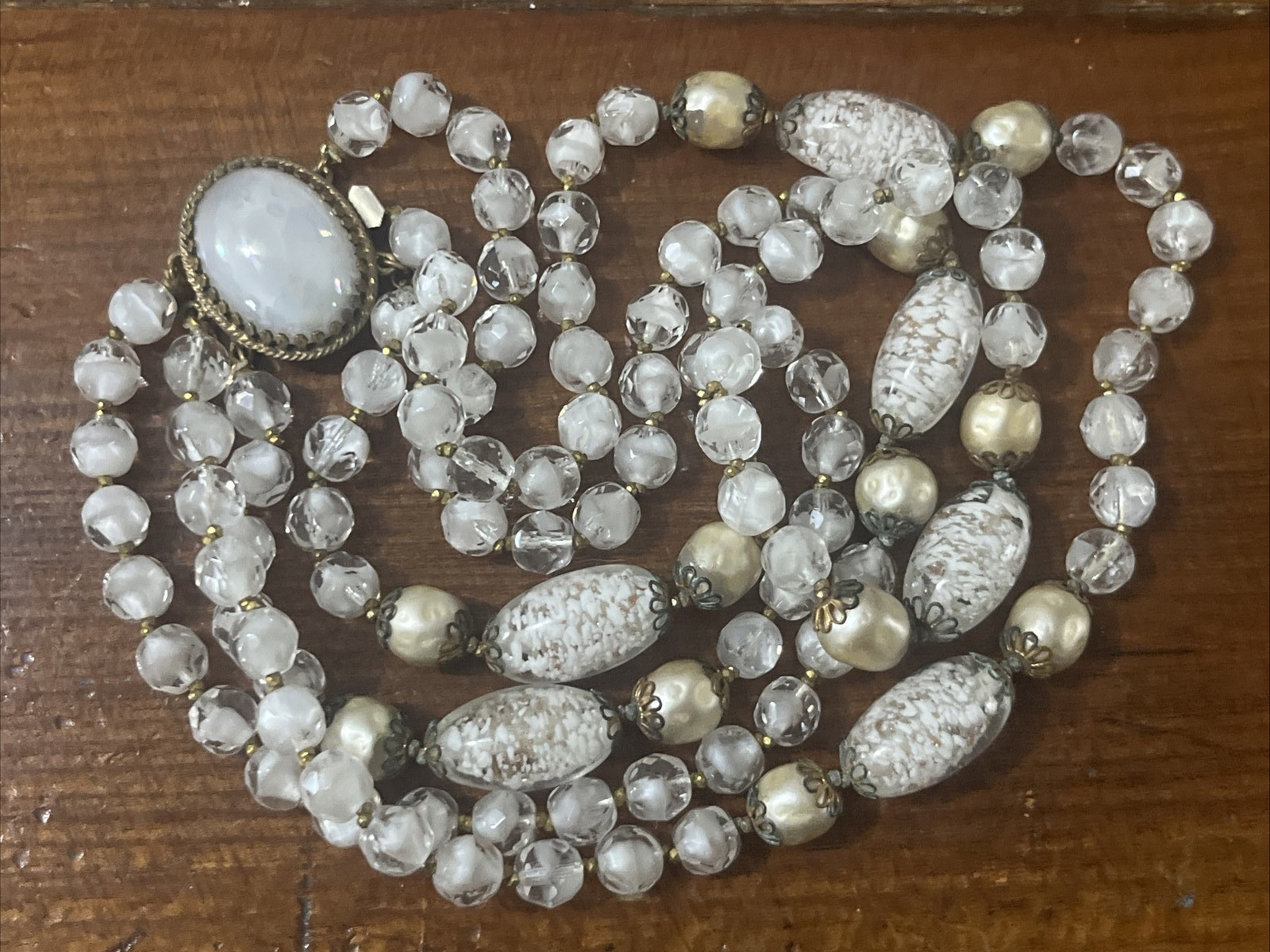 Vintage Foil Glass Necklace Murano Multistrand White Beaded Estate Jewelry Rare