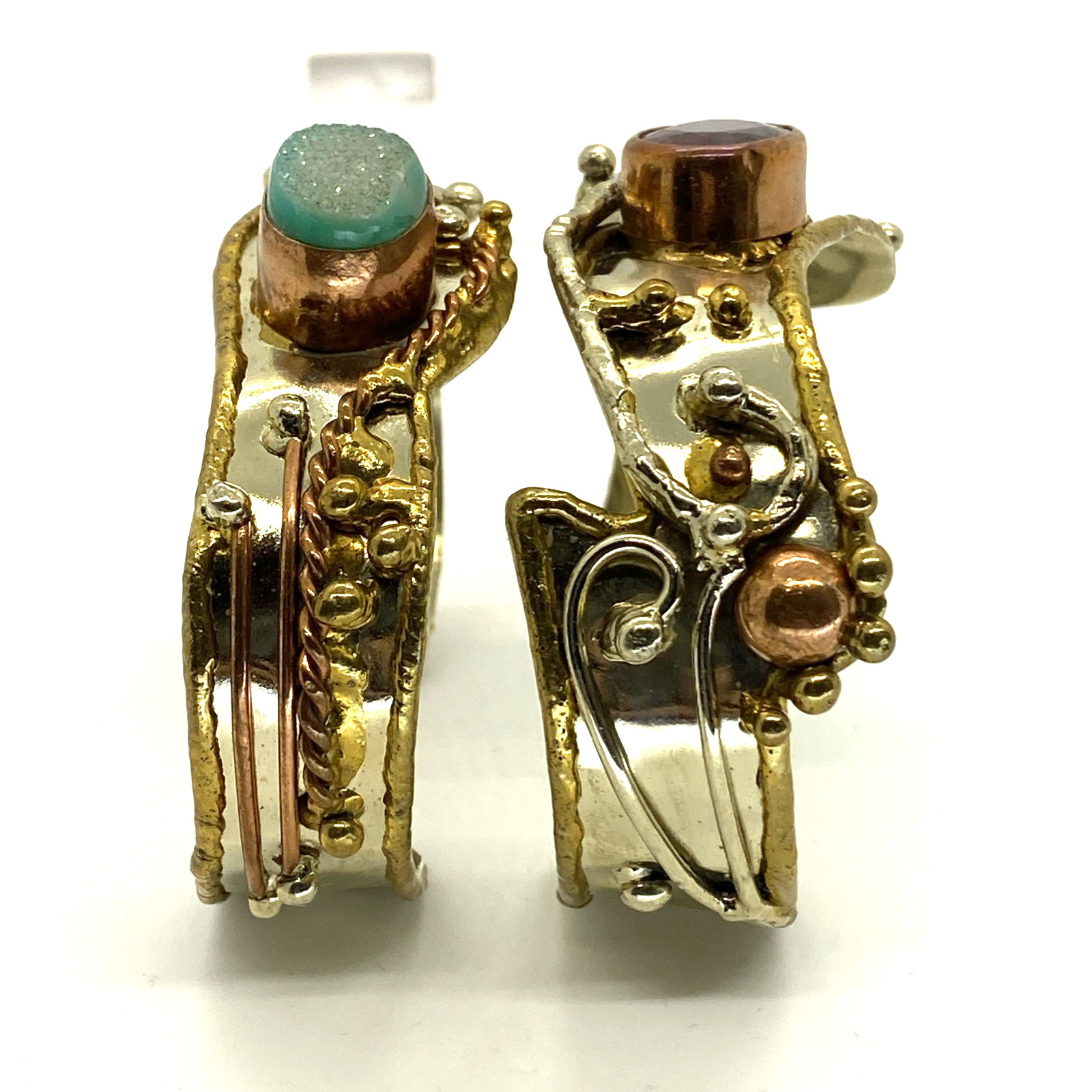 Lot 2 Artisan Brutalist 1″ Cuff Bracelets Silver-tone Brass Copper Natural Stone