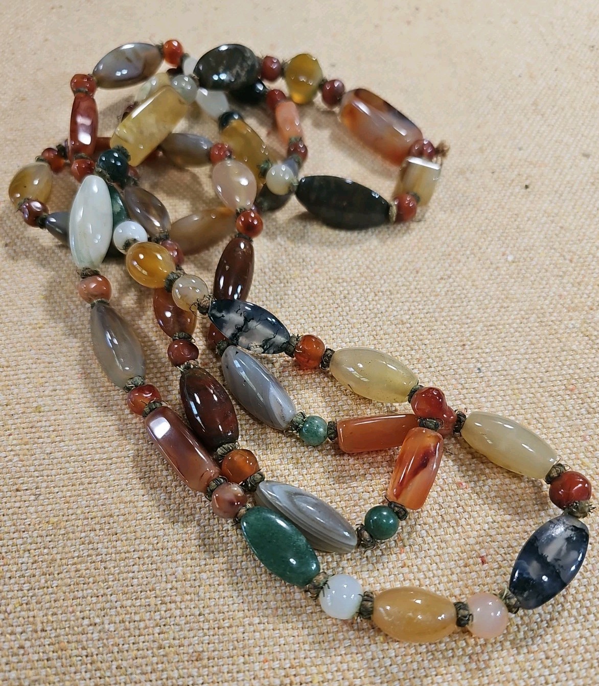 VTG Beggar Bead Genuine Stone Hand Knotted 60″ Necklace Agate Jade Carnelian