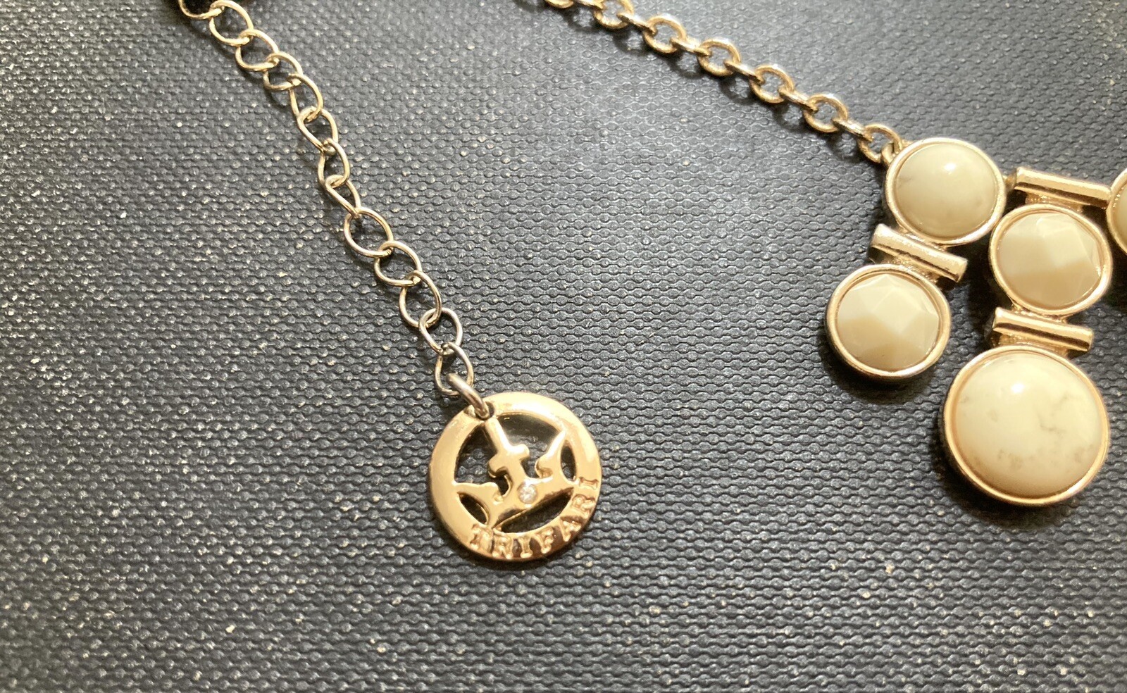 Vintage Crown Trifari Ivory Gold Tone Statement Necklace Crown Charm 90s