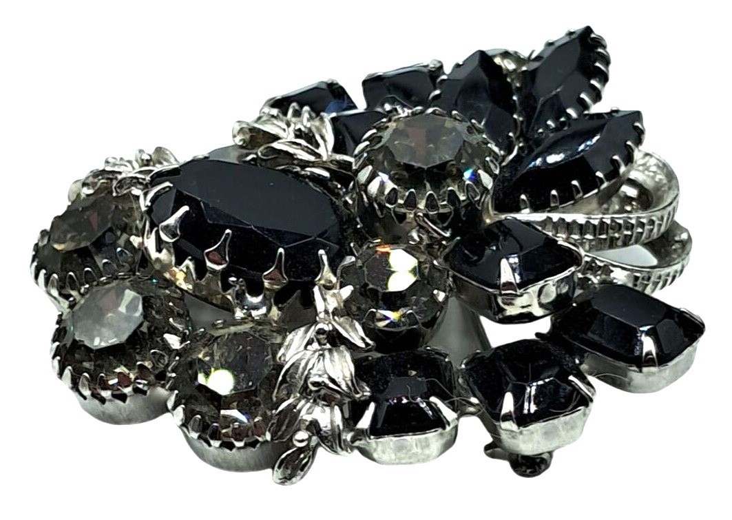 Vintage Rhinestone Brooch Earrings Set Black Clear Rhinestones Jewelry