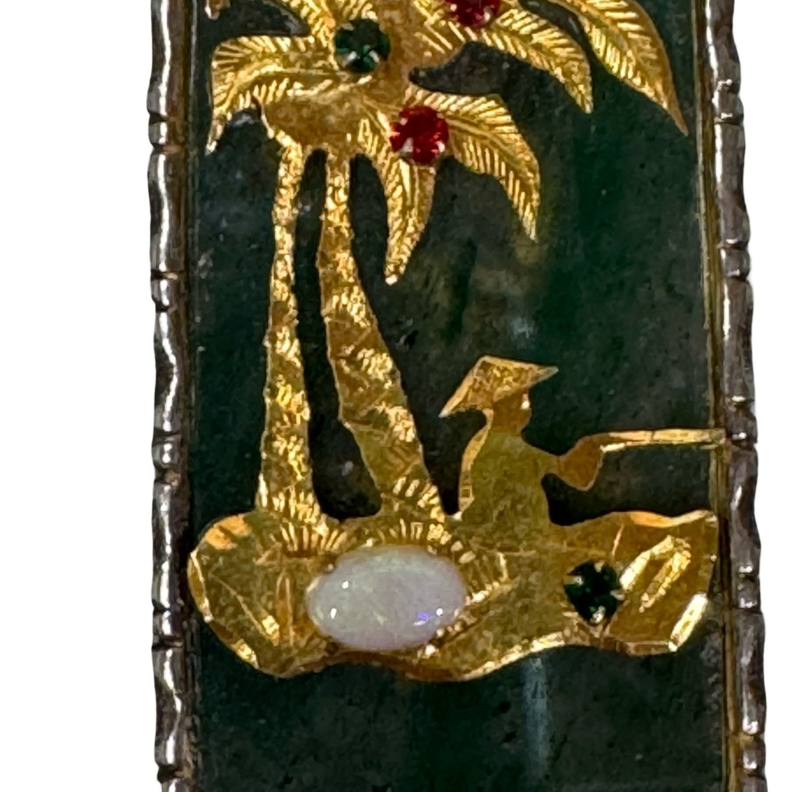 Vintage Asian Jade Pendant Gold Palm Tree & Fisherman Opal Ruby Emerald 1.75″