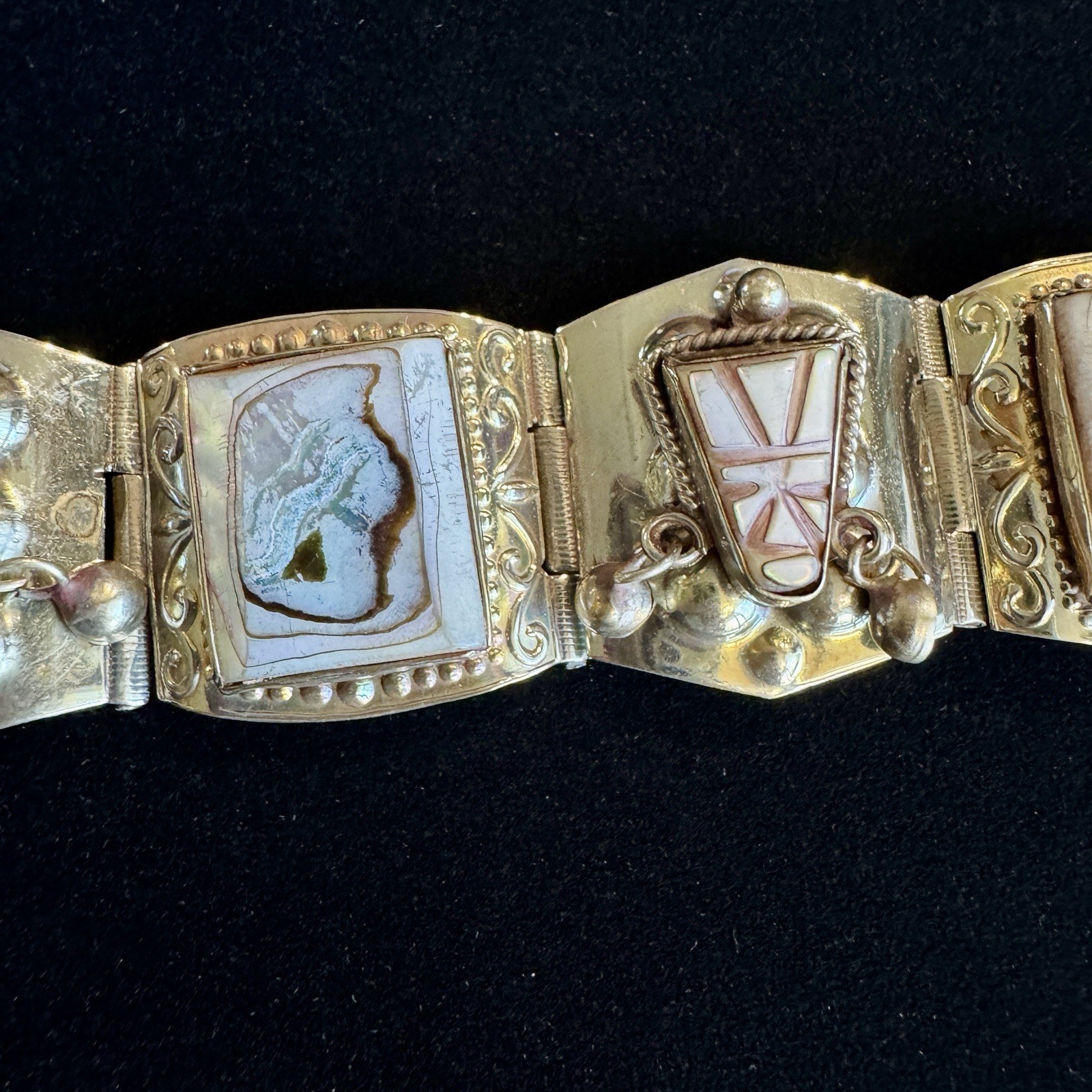 Vintage Mexico JZ Alpaca Silver Abalone Panel Bracelet Tribal Boho 7.25”