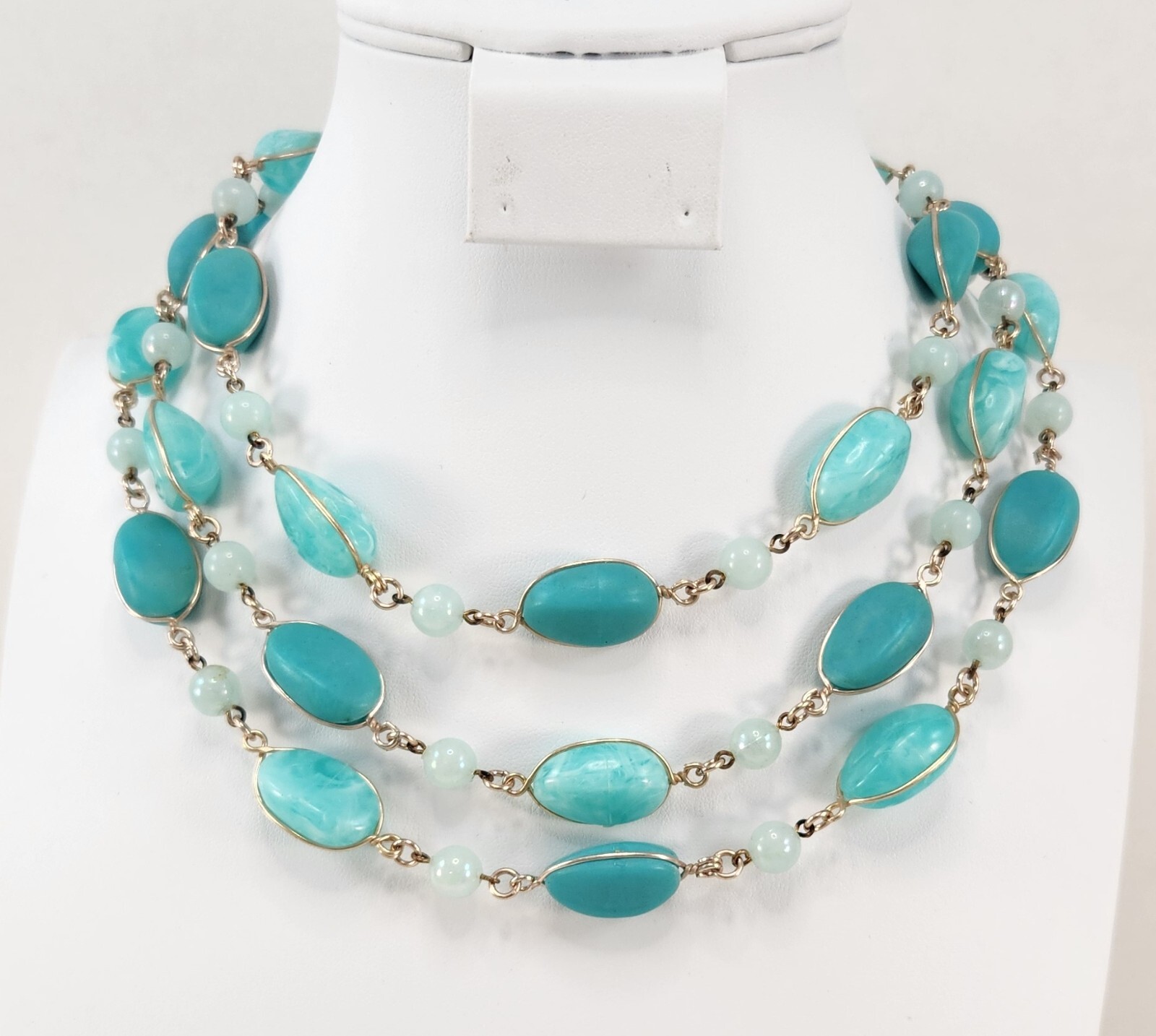 Vintage Western Germany Multi Strand Choker Necklace Beaded Blue 15 in-17.5 in