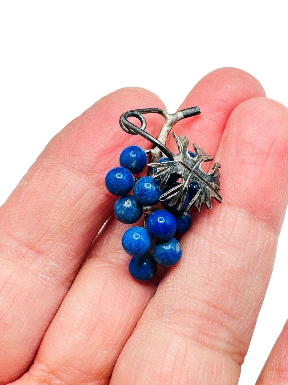 Vintage Silver Lapis Stone Grapes Leaf Pendant