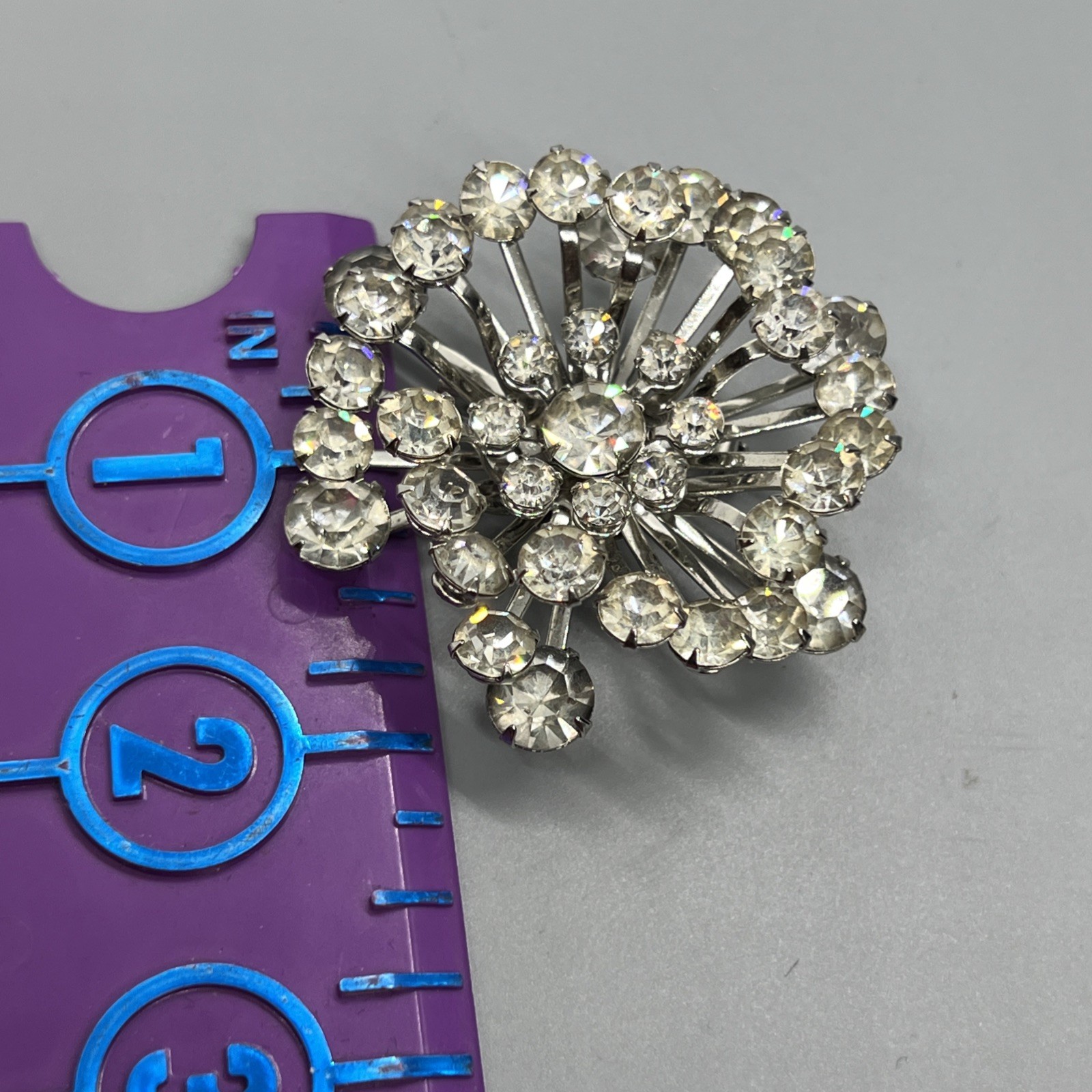 Vintage Rhinestone Starburst Brooch Clear Silver Tone Cluster Dimensional Large