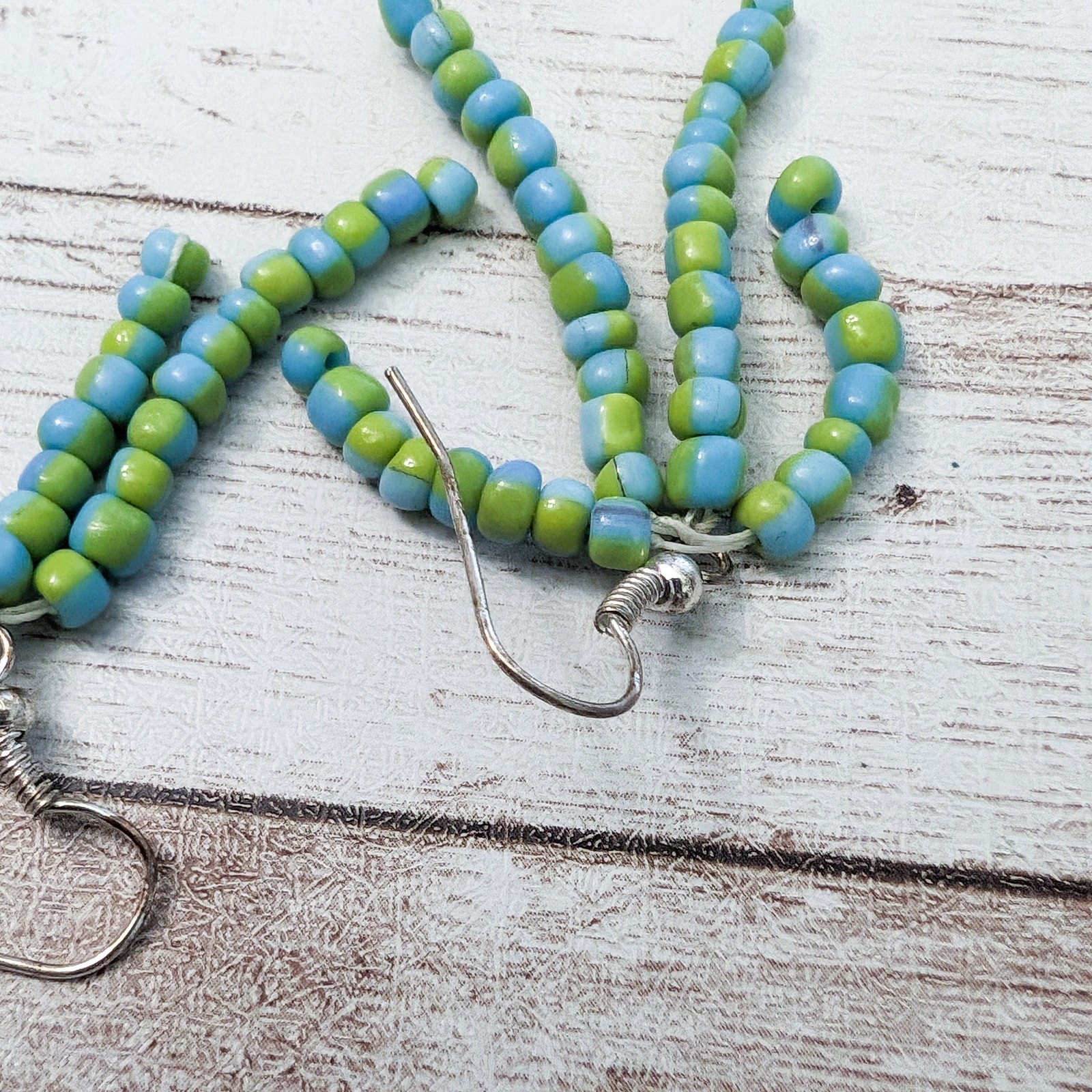 Vintage Earrings For Pierced Ears Light Blue & Green Beaded Dangle