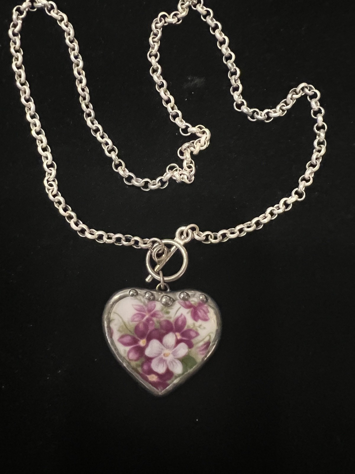 Vintage 925 Sterling Necklace Forget-Me-Not Porcelain Flower Hand Made