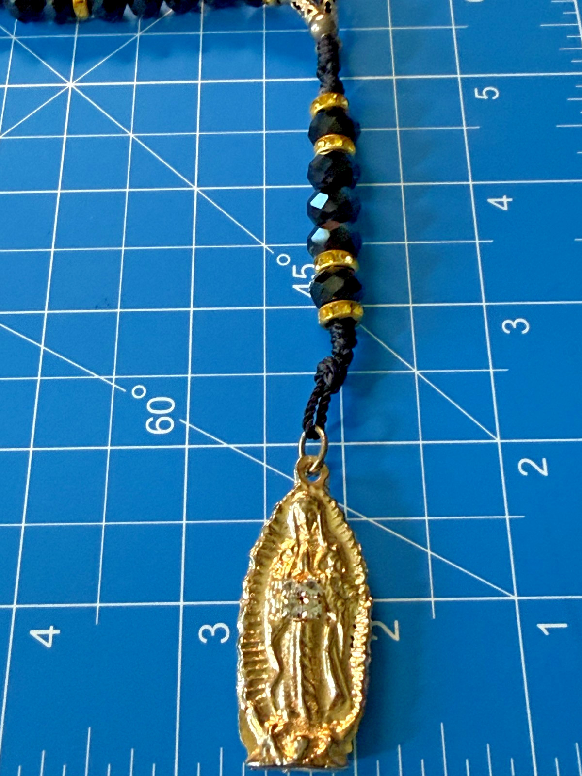 Vintage Rosary Style Necklace Black Faceted Glass Guadalupe Pendant Statement