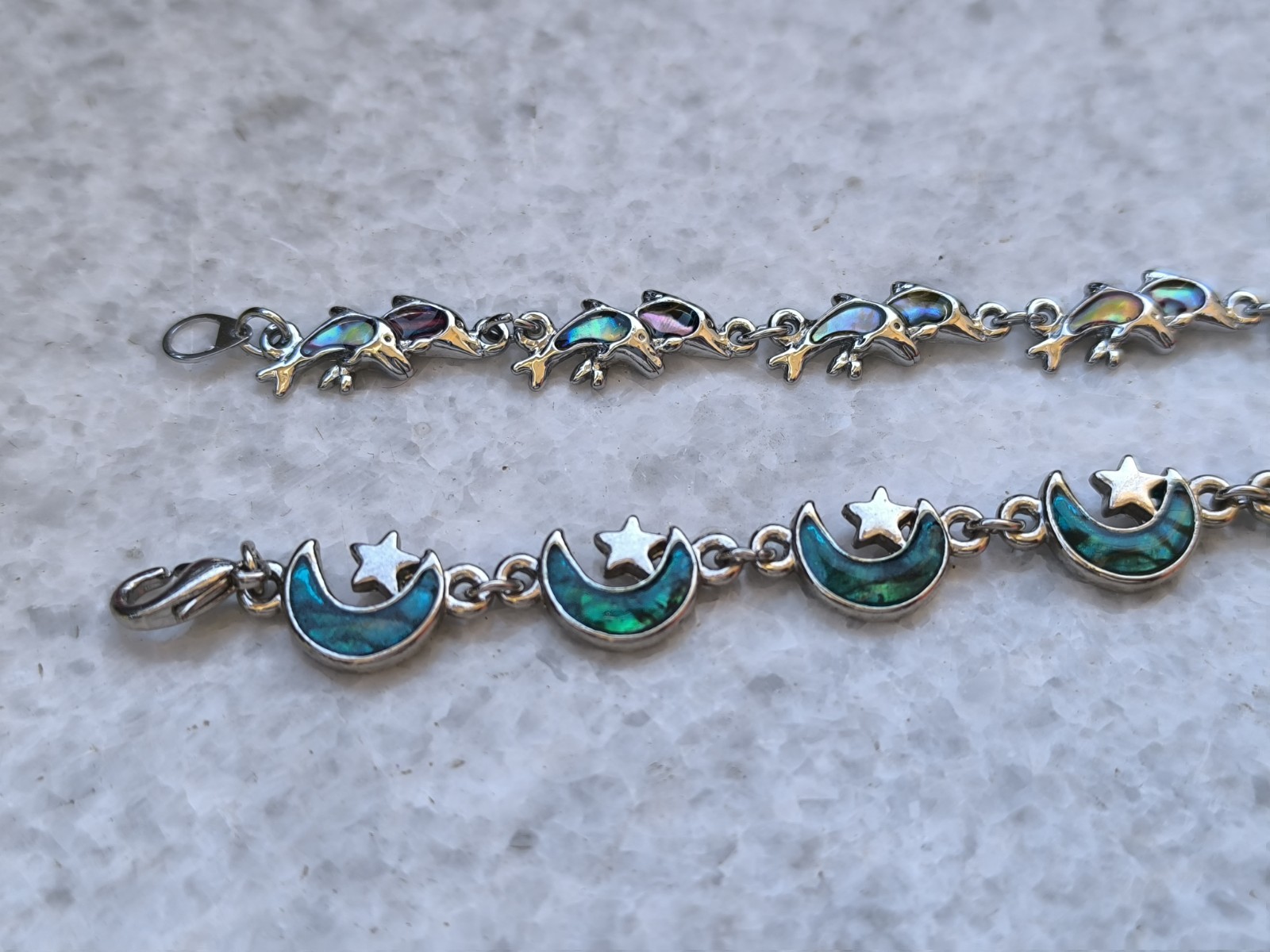 Two vintage cute metal and Abalone shell bracelets