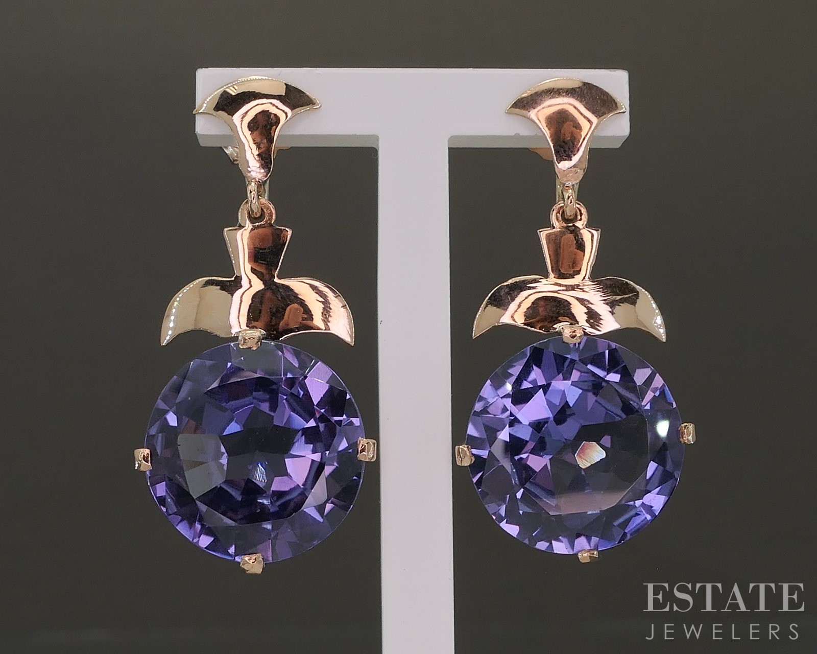 Antique 9k Rose Gold 15mm Color Changing Sapphire Dangle Earrings 8.4g p23202