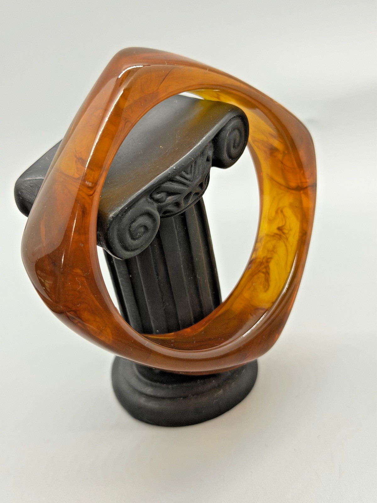 Vintage Brown Lucite Statement Bangle Bracelet Marbled Square Modern Sz 8.25