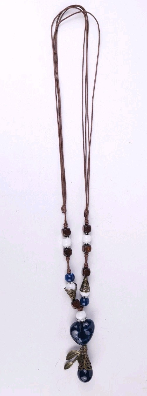 Blue Ceramic Heart White Wood Brown Beaded Corded 26″ Necklace