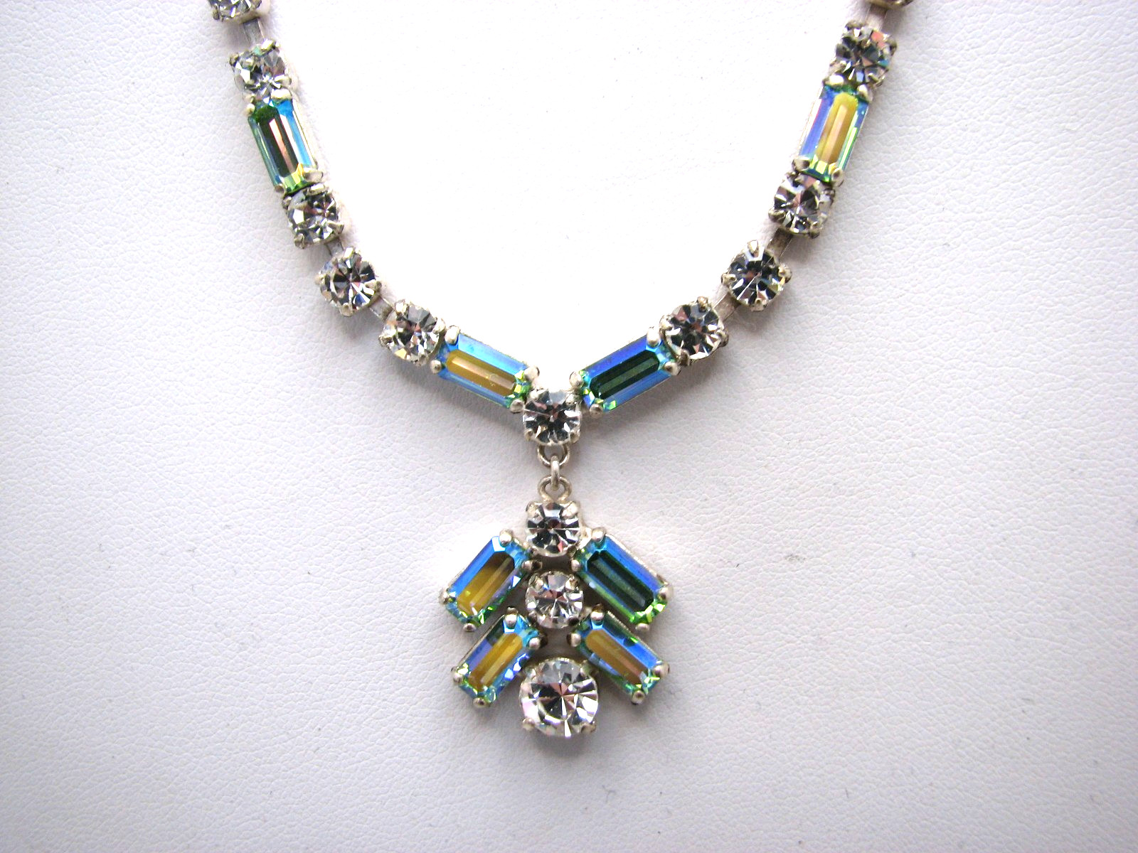 Vintage Green Baguette Rainbow Glass & Clear Rhinestone MCM Necklace Silver Tone