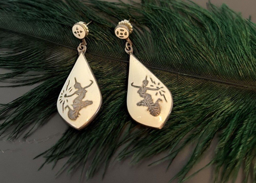 Mid Century Thai Siam Inlaid Sterling Silver White Enamel Earrings Post 4.5”