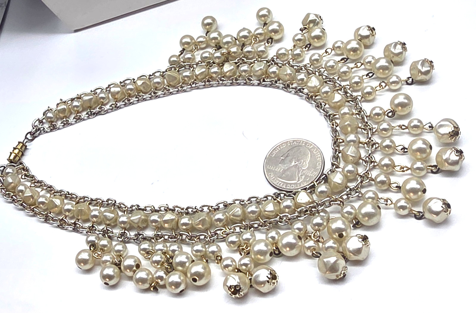 White Faux Pearl Silver Tone Metal Chain Beaded Fring Bib Necklace Vintage