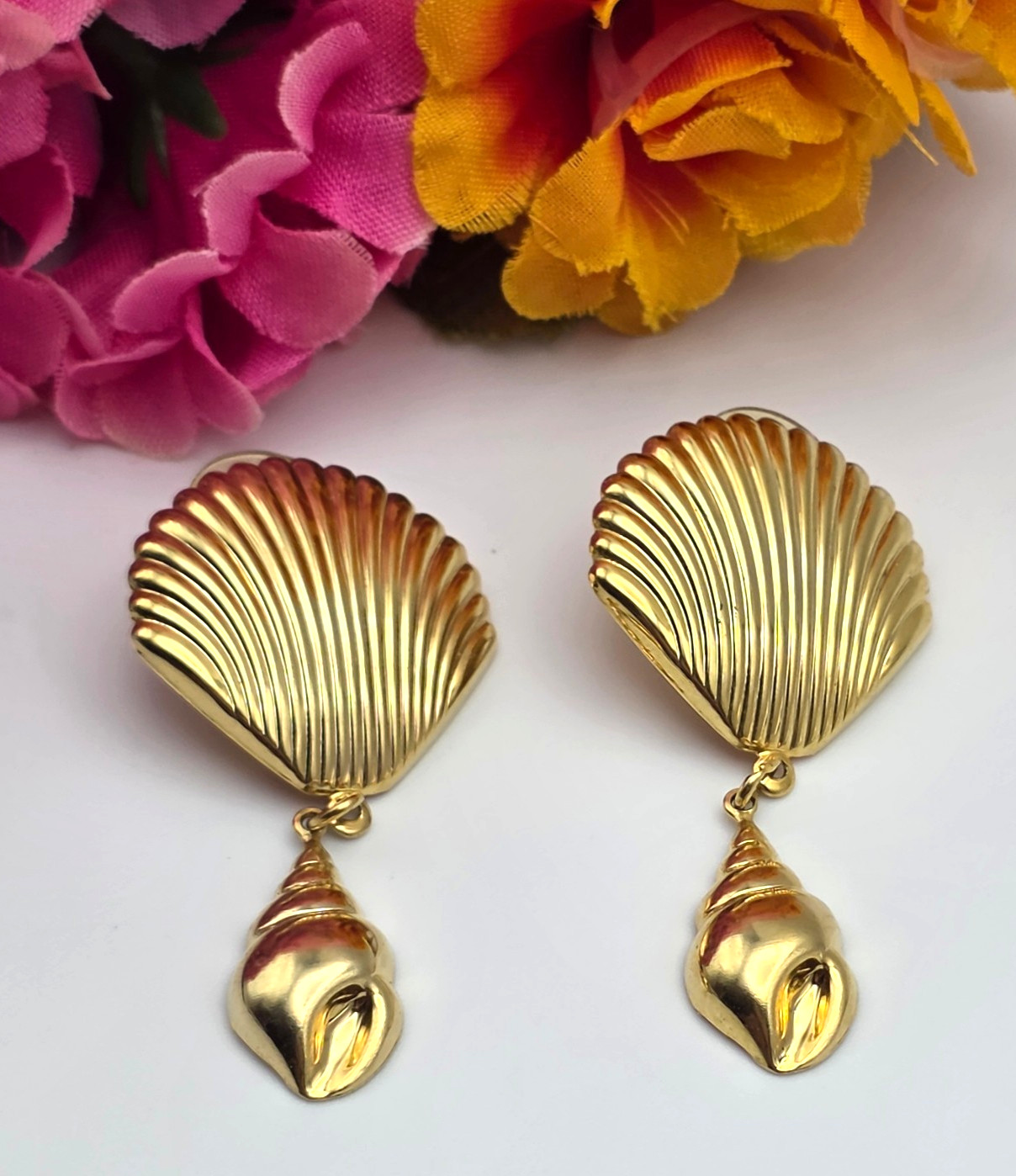 Vintage Gold Tone Scallop Shell Conch Drop Earrings 2 In Coastal Beachcore