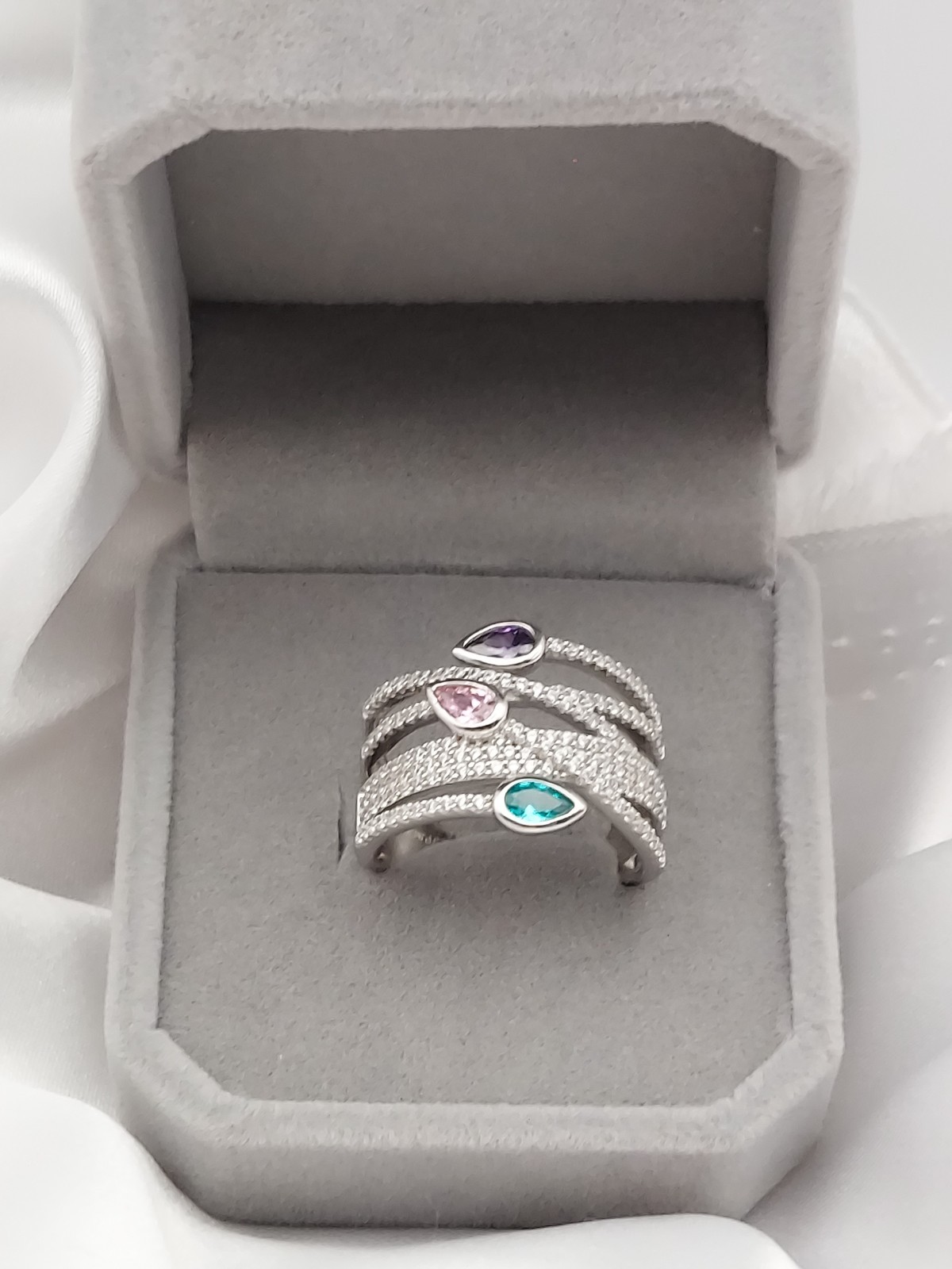 Vintage PJM 6Band Sterling Crystal Muti Color Pear Cut Gemstones Ring 5.9Gr Sz8
