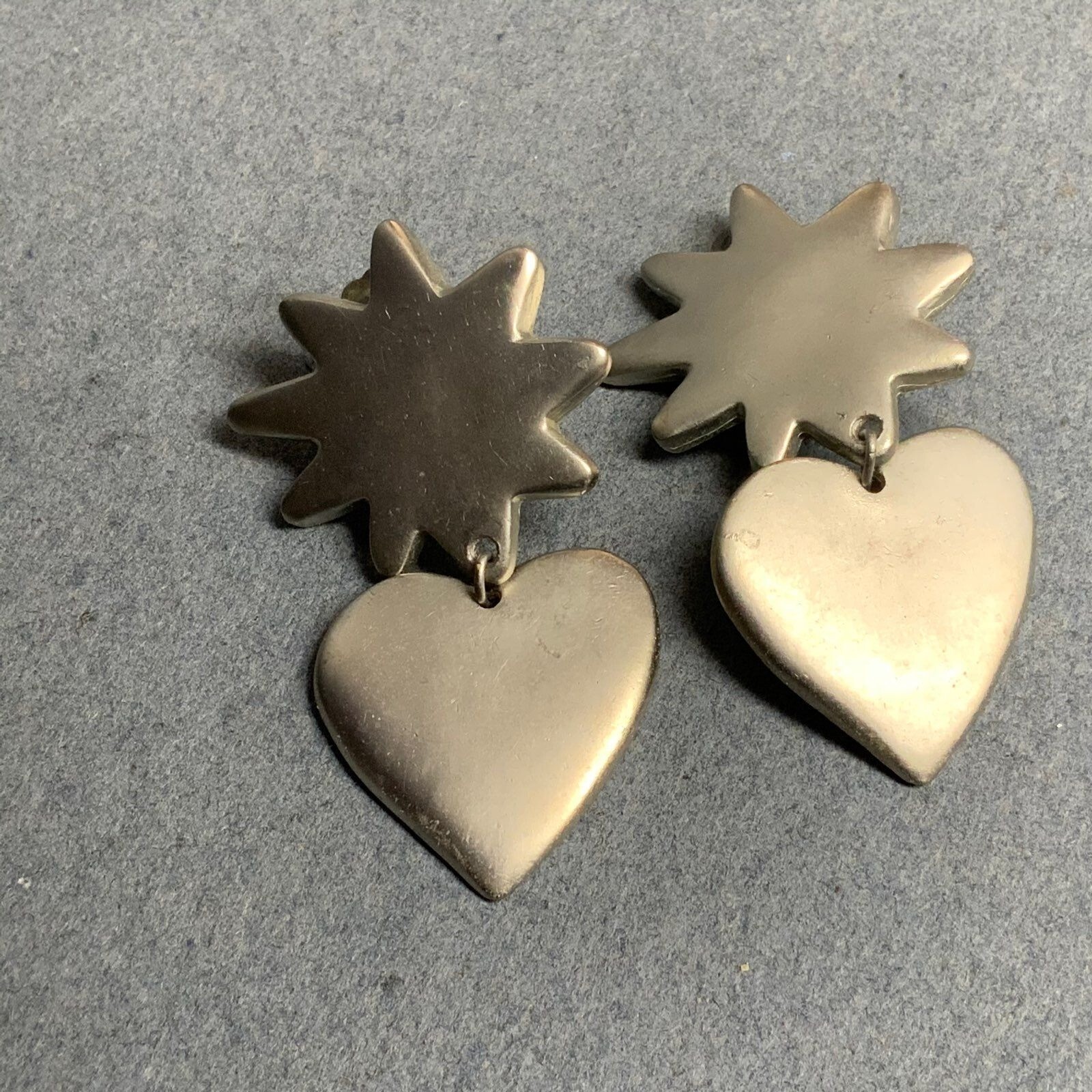 Starburst Heart Clip-On Earrings 2.5 In As Is Matte Silver Retro 50s 60s 80s 90s