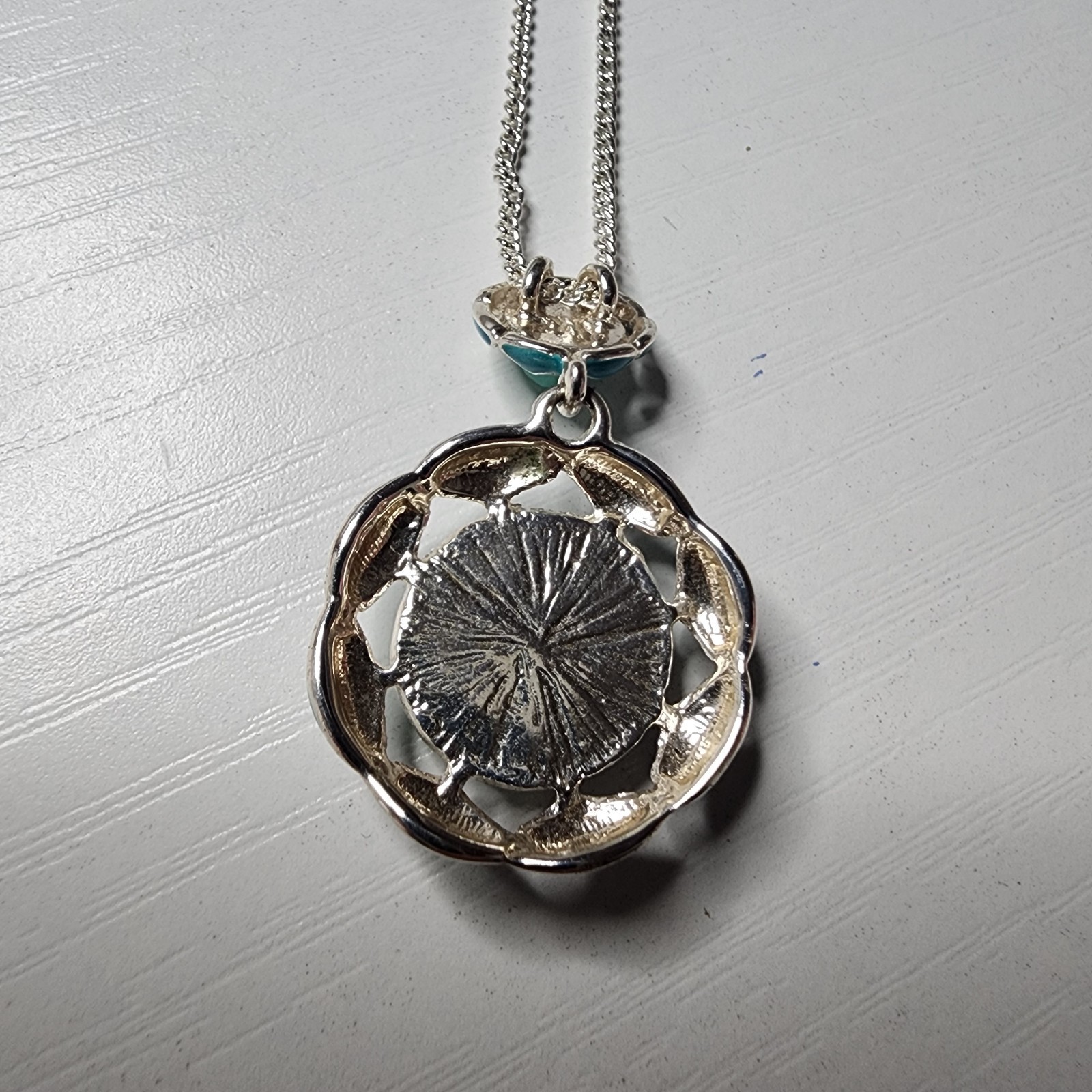 Vintage AVON Signed SAQ Faux Turquoise Blue Enamel Pendant Necklace Silver Toned