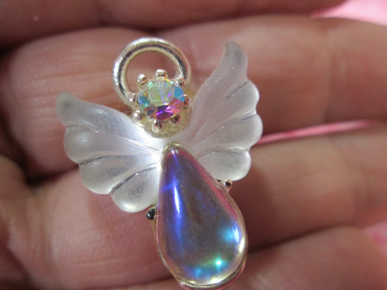 Rare! Vintage LIT USA Silver Tone Faux AB Lucite & Rhinestone Angel Lapel Pin /S