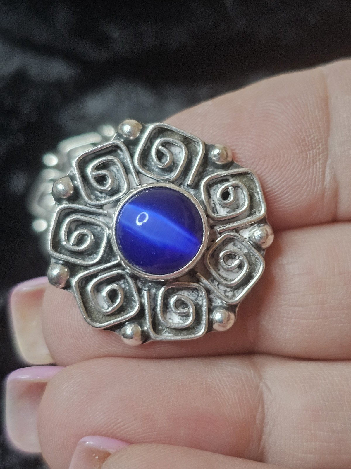 VTG sterling silver earrings Spiral Detail W/ Blue Cateye Stone Mex 925 Silver