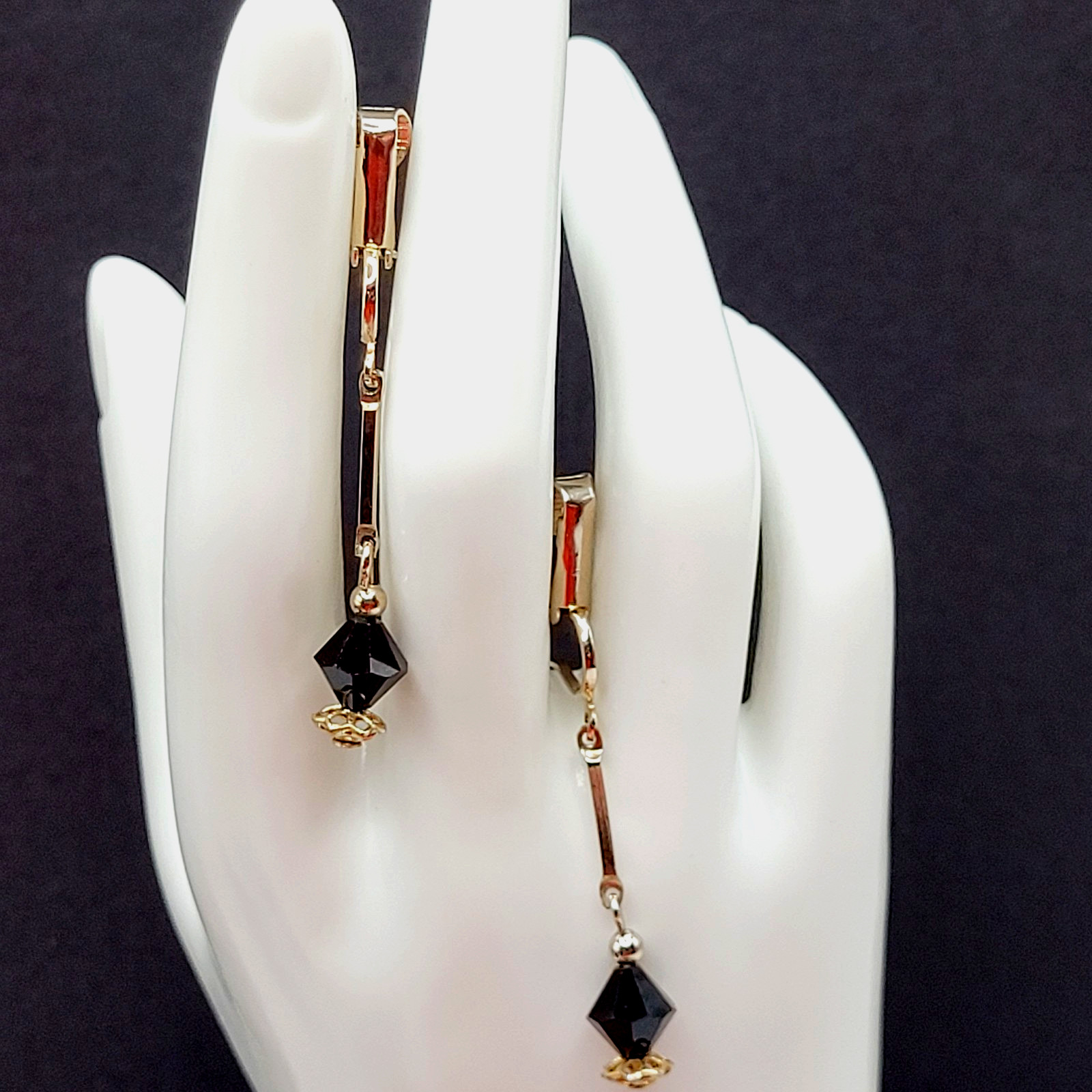 Minimalist Art Deco Drops Black Bicone Crystal Gold Tone Vtg Clip On Earrings