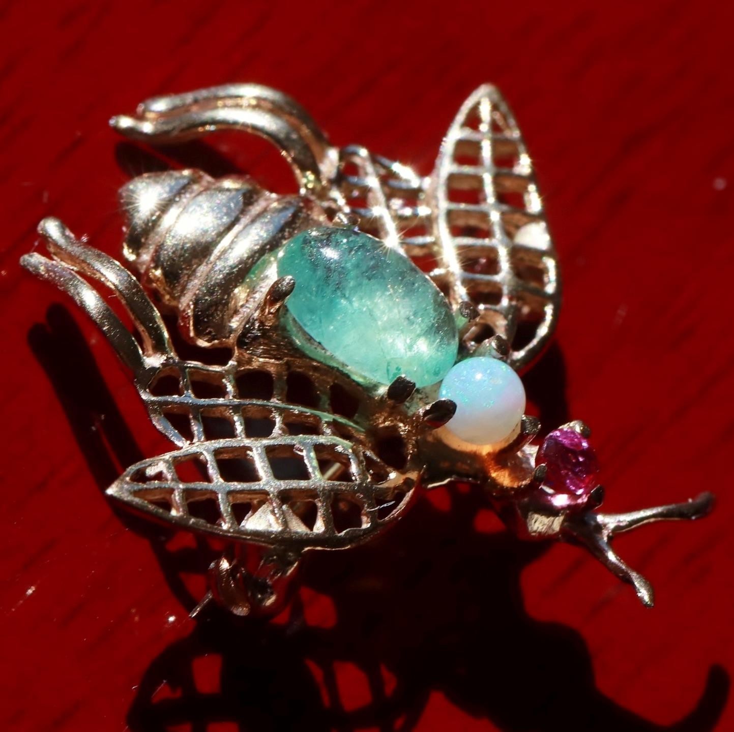 14k yellow gold brooch 0.90ct natural multi gemstone 0.97″ bee pin 2.24gr N3140