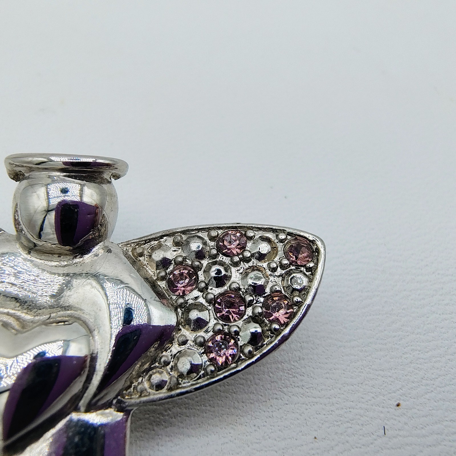 Vintage Angel Holding Heart Brooch Silver Tone Pink Rhinestone Guardian