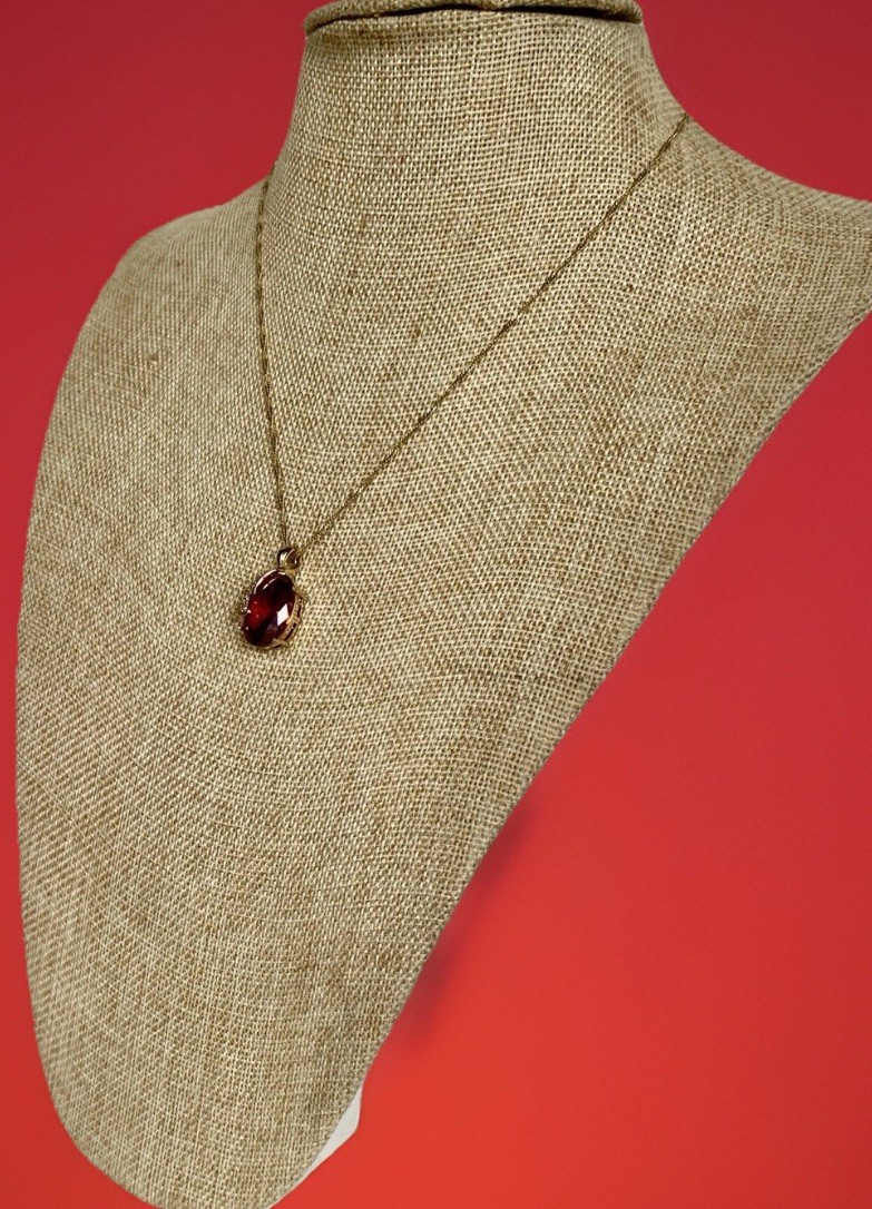 Fine Adj. Gold Plated Necklace with a Large 12 Ct Garnet Pendant 17″ to 18-1/2″L
