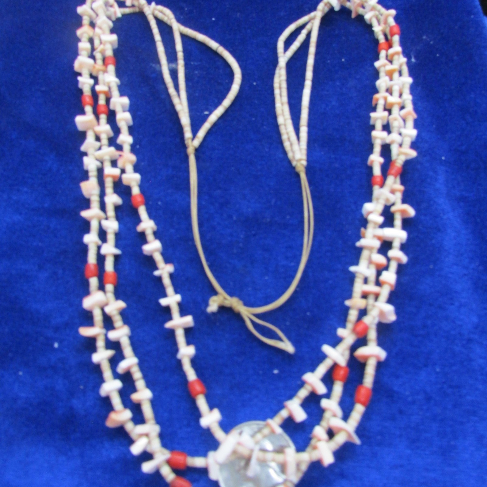 VTG SW 3 STRAND LIGHT SHELL HEISHI & PINK SHELL AND RED BEADS, NO METAL