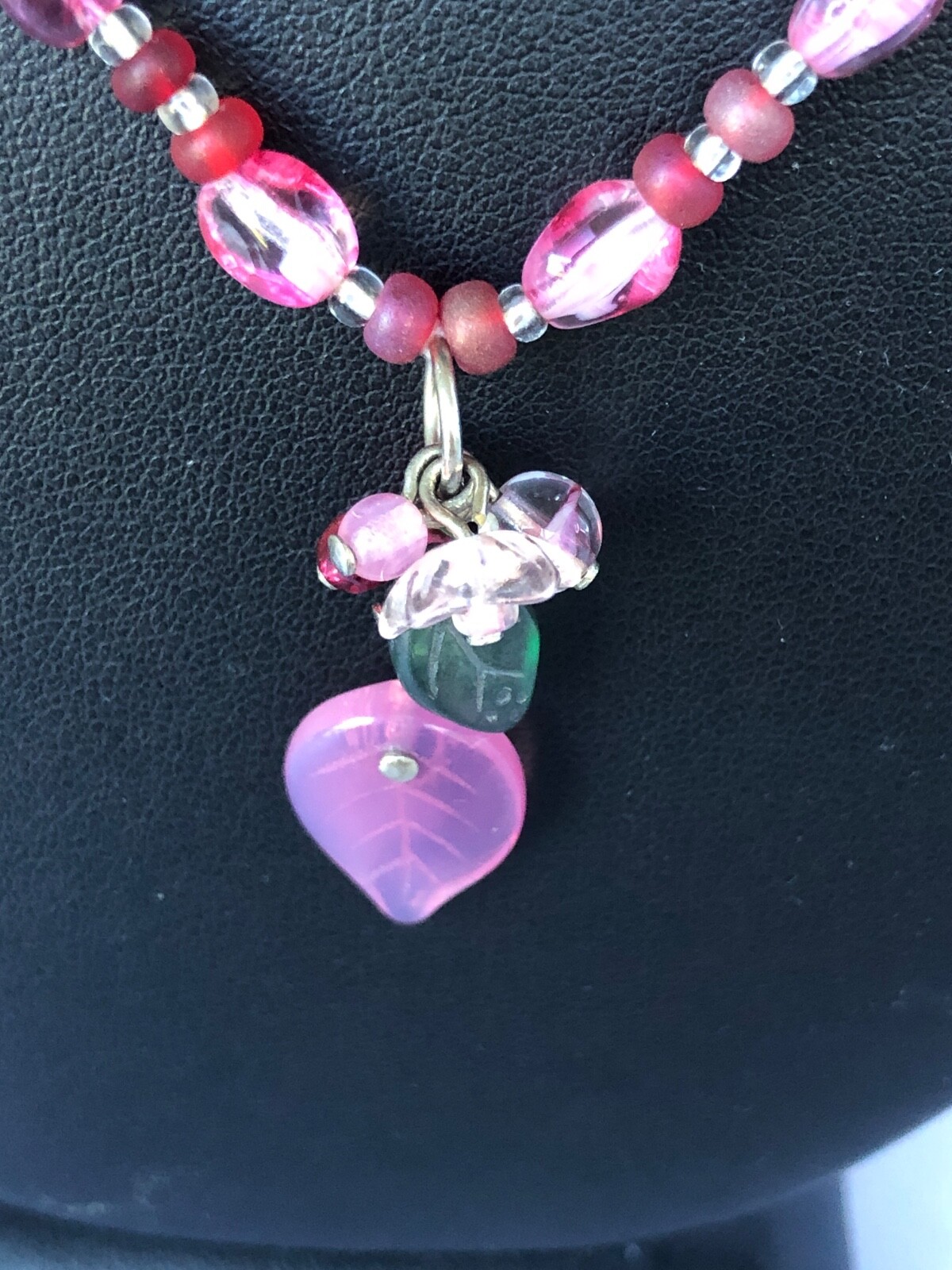 Beautiful, Delicate Pink Czech Glass Necklace with Hearts-and-Flowers Pendant