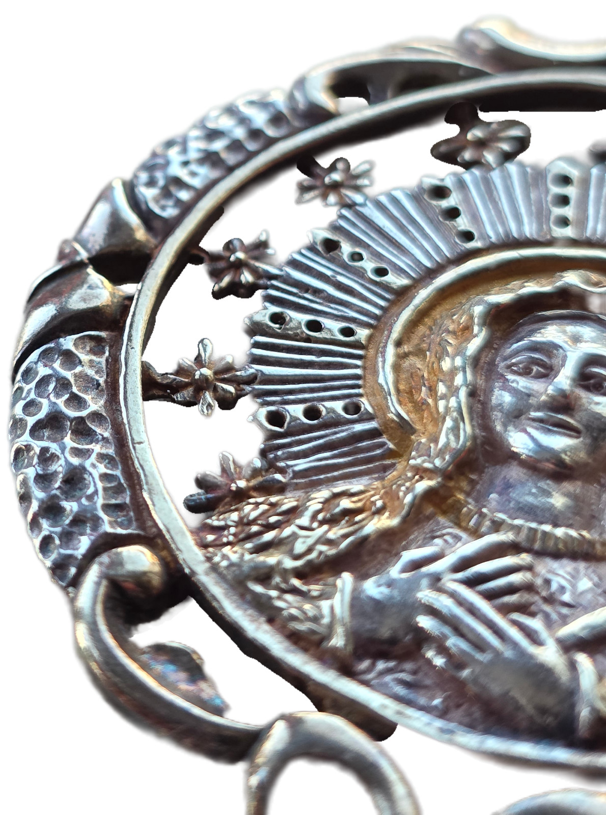 Exceptional antique solid silver Virgin Mary medallion in high relief —t Ca 1890
