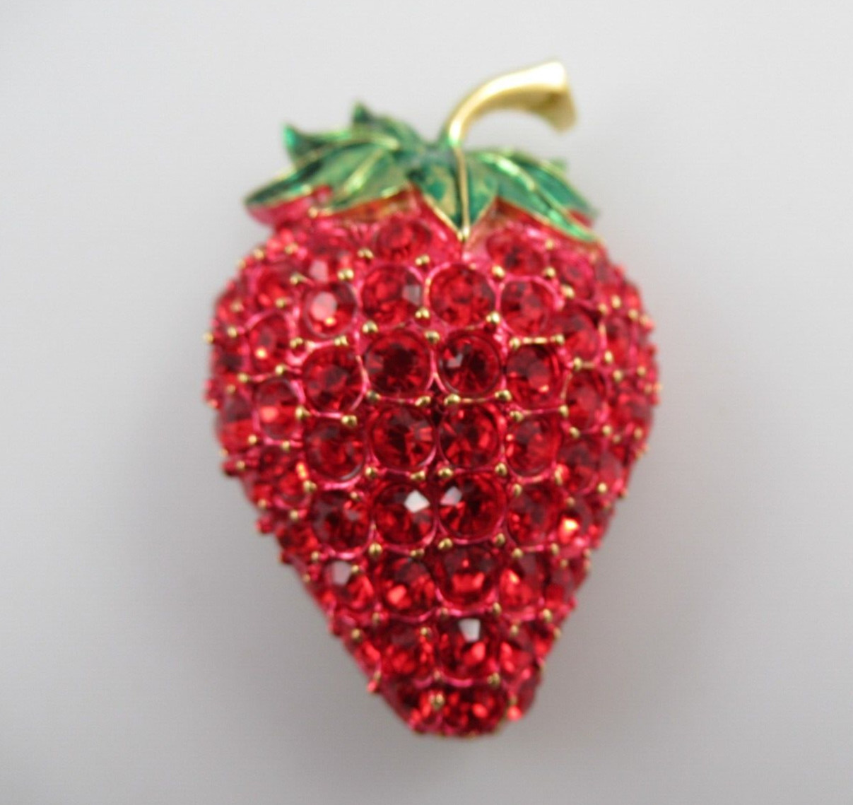 Signed Revere Red Crystal & Enamel Gold Tone Strawberry Brooch , Pin