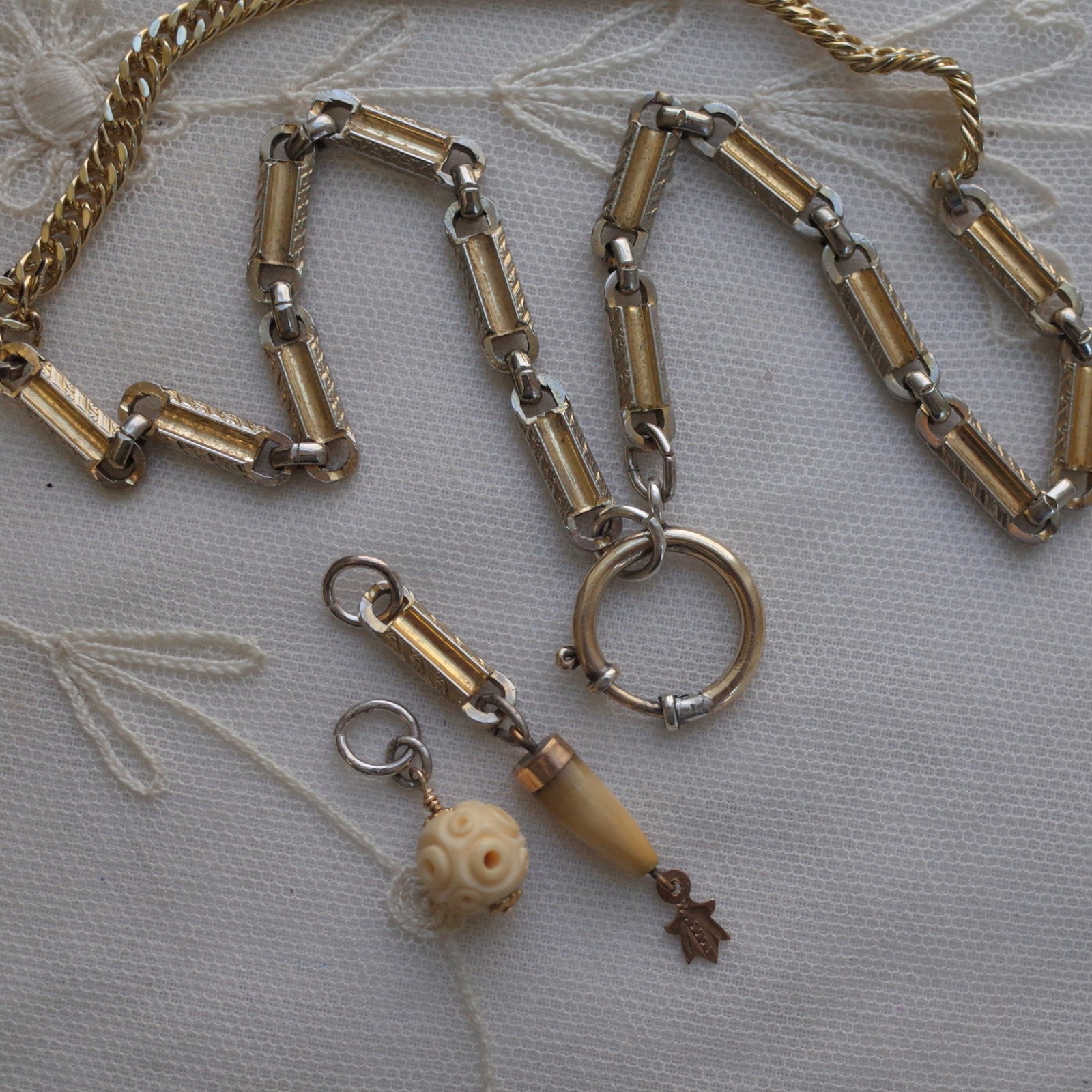 Antique Tooth Fob & Carved Bead Necklace 2 Tone Silver Gold Bar Link Watch Chain