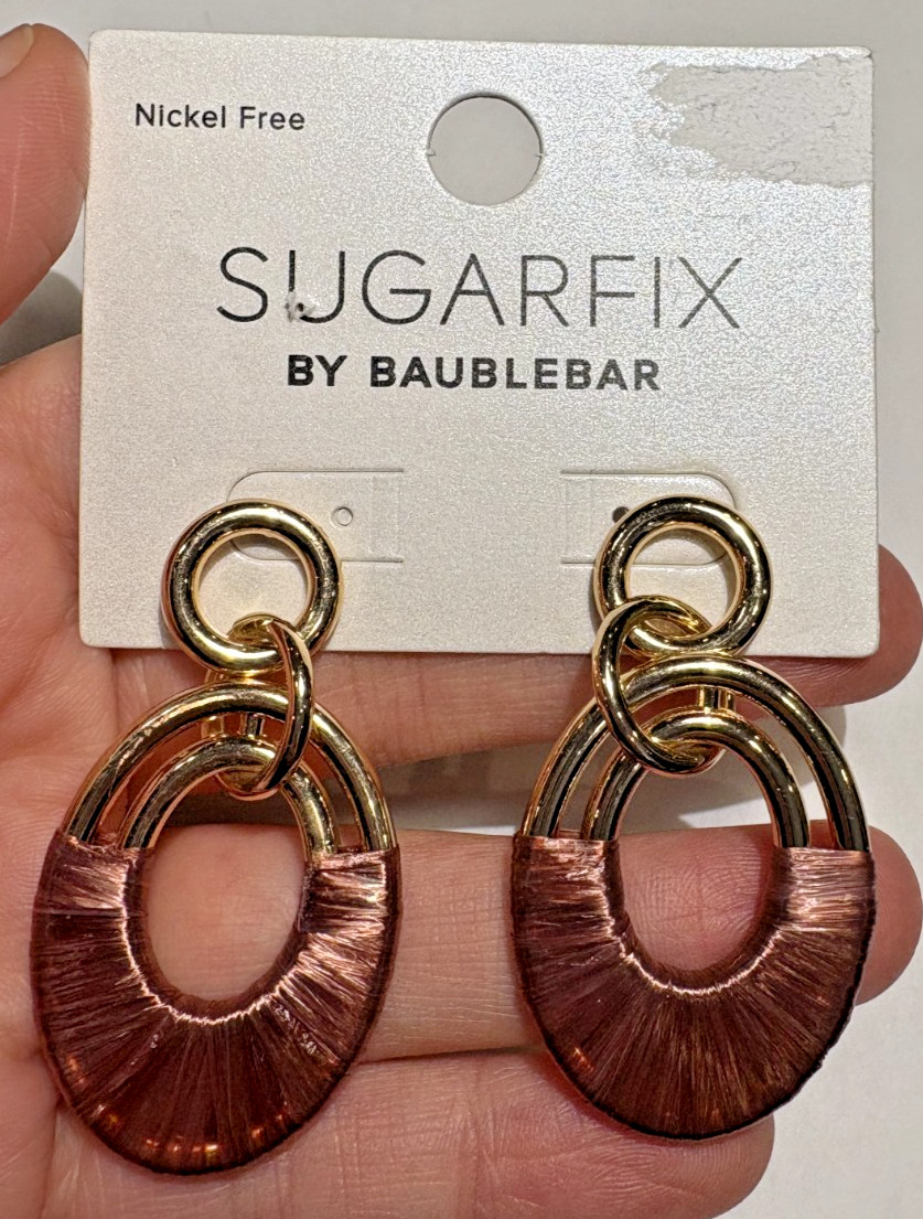 NWT Sugarfix by Baublebar Brown Wrap Dangle Gold tone Hoop Stud Earrings