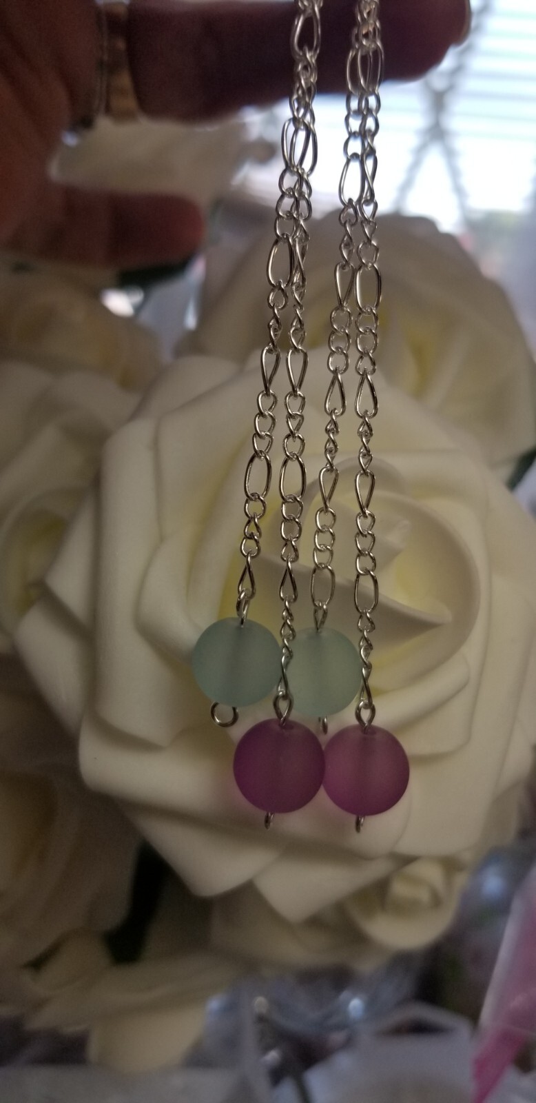 10mm Lt. Blue and Purple Seaglass 3+ in. leverback Double Dangle Drop Earrings