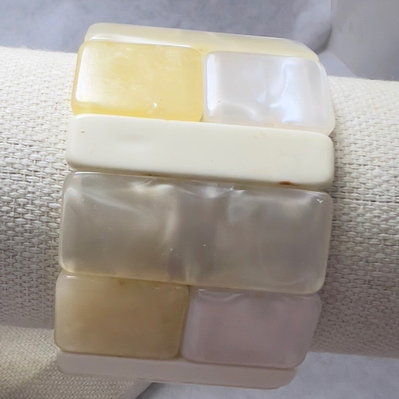 Stretch Beaded Cuff Bracelet Cream Yellow Lucite? Rectangular Beads Vintage