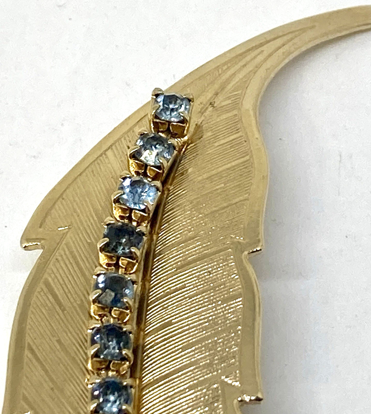 VINTAGE Gold tone LEAF Rhinestone Brooch with Blue Saint, Catholic/Religious Pin